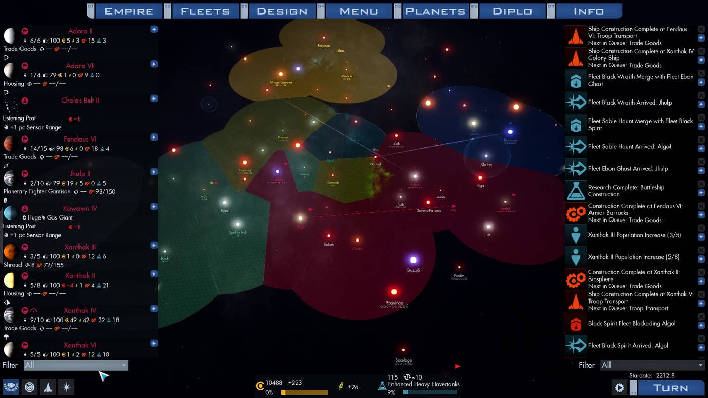 A big ol' map of space, with various occupied planets highlighted, in Lord of Rigel.